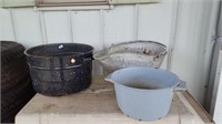 Primitive Coal Bucket; Enamel Splatterware Pot; Bl