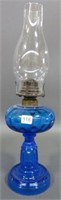 BLUE INVERTED OVAL FONT, PRISM STEM OIL LAMP -19"