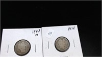 4 BARBER DIMES 1914 1914 D 1912 1916