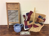 Vintage Columbus washboard basket of linen and