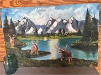 mule deer mountain scene- oil on canvas painting