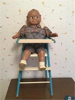 Vintage baby doll and wood doll highchair