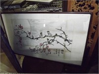 Framed & glazed oriental water color, birds, & che