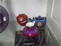 3 oriental pottery pcs - teapot, crane vase, high