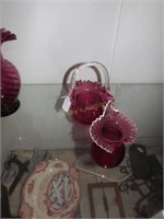 Cranberry pulpit vase & handled basket