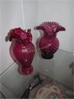 2 art glass ruffle top vases in cranberry