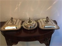 THREE SILVER PLATE COVERED CASSEROLE DISHES