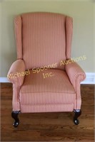RECLINING PINK STRIPE QUEEN ANNE STYLE WING CHAIR