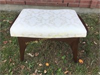 TEAK VANITY BENCH WITH WHITE UPHOLSTERY