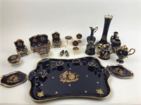 LARGE GROUP OF BLUE & GOLD LIMOGES DECOR ITEMS