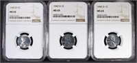 (3) 1943-D LINCOLN STEEL CENT NGC-MS 65