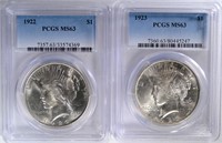 1922 & 1923 PEACE SILVER DOLLAR, PCGS-MS63