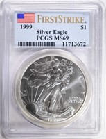 1999 AMERICAN SILVER EAGLE PCGS MS69