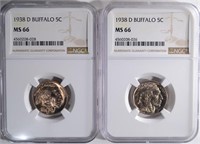 2-1938-D BUFFALO NICKELS, NGC-MS66