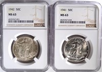 1941 & 42 WALKING LIBERTY HALF DOLLARS, NGC MS-63