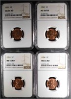 1951, 52, 53 & 54 LINCOLN CENTS, NGC MS-66 RED