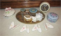 Mirrored dresser trays, porcelain butterflies,