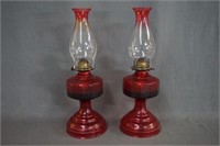 2 Vintage P&A  Red Pressed Glass Oil Lamps