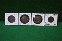 (4) 1800's Foreign Coins 1870 Spain, 1870 Sarawok,