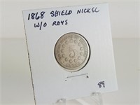 1868 SHIELD NICKEL W/O RAYS