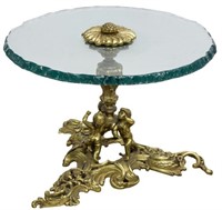 FRENCH GILT BRONZE & GLASS CARVED CUPID SOFA TABLE