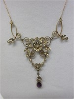 Ladies 14K Gold Antique Amethyst & Pearl Necklace