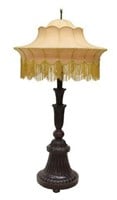 CARVED MAHOGANY 2LT FLOOR LAMP WITH FRINGE SHADE