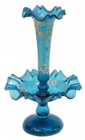 CENTERPIECE EPERGNE BLUE GLASS W/ RAISED ENAMEL