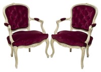 (2) LOUIS XV STYLE FLORAL CARVED PAINTED ARMCHAIRS
