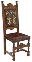 ITALIAN LEATHER AND CARVED OAK SIDE CHAIR
