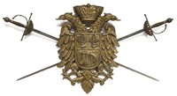 (3)TWO ITALIAN SWORDS MOUNTED ON WOOD COAT OF ARMS