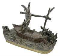 BRONZE BOAT AND PUNTER FIGURAL INKWELL