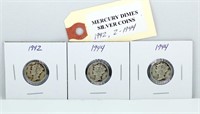 3 Silver Mercury Dimes 1942 & 44