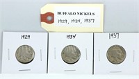 3 Buffalo Nickels 1929, '34 & '37