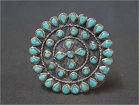 Round Silver Petit Point Cluster Turquoise Brooch