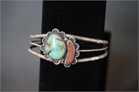 Native American Silver Turquoise and Coral Cuff