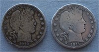 1910-S and 1911 Barber Silver Half Dollar Coins