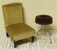 Velvet Upholstered Slipper Chair and Vanity Stool.