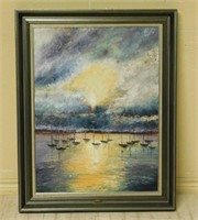 Sailboats at Sunrise Oil on Canvas.