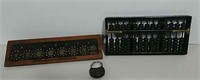 Abacus, vintage calculator and padlock