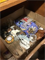 BOX OF GLASS FIGURES, CUPS, MISC