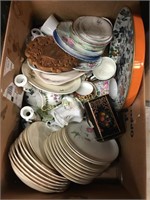 BOX OF TEA CUPS, SAUCERS, TEAPOTS & MATCHES