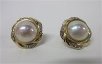 14K Gold Earrings with Mabe Pearl and Diamonds