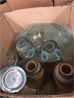 Box of lampshades and glass plate
