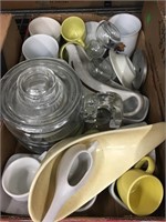 Box of coffee mugs and coffee pot