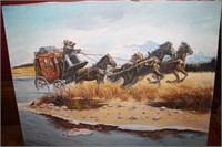 OIL ON CANVAS STAGECOACH BY MAYO UNFRAMED 19" X