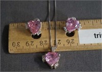 Sterling Pink Stone Hearts Necklace & Earring Set