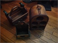 Three wooden pieces including wine rack and
