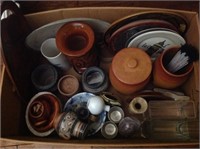 Box lot of decorative items including pottery.