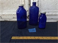 Three Vintage Bright Cobalt Blue Glass Bottles